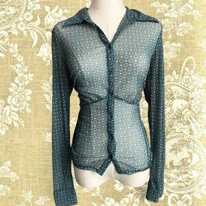 Y2K Blue Mesh Long Sleeve Button-up Floral Blouse
